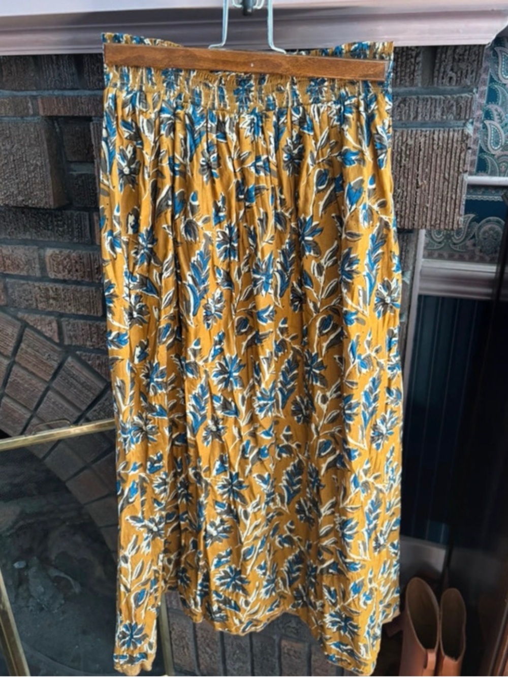 NATURAL LIFE Mustard Midi Skirt with Blue Floral Print